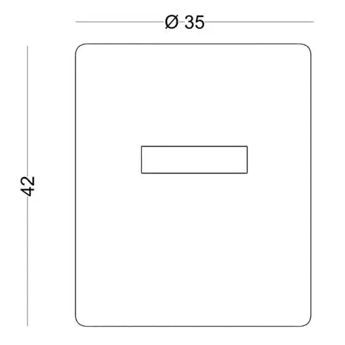 Un dibujo esquemático del Puff Redondo Tapizado Pull, una placa rectangular con esquinas redondeadas que presenta una ranura horizontal centrada. Las dimensiones del plato son 42 unidades de alto y 35 unidades de diámetro, elaborado con materiales de alta calidad.