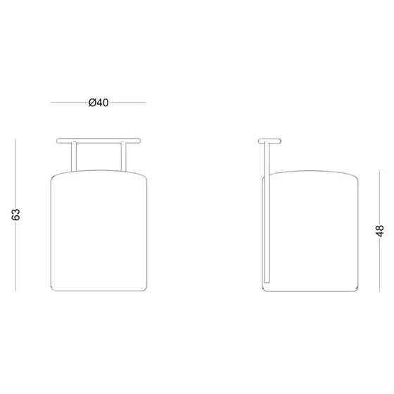 Dibujo técnico que muestra dos vistas de un objeto cilíndrico con dimensiones. Vista frontal: 63 unidades de alto y 40 unidades de diámetro. Vista lateral: 48 unidades de ancho con un asa que se extiende hacia arriba. El diseño contemporáneo del objeto realza su durabilidad, que recuerda a un Puff Redondo Tapizado Horn C.