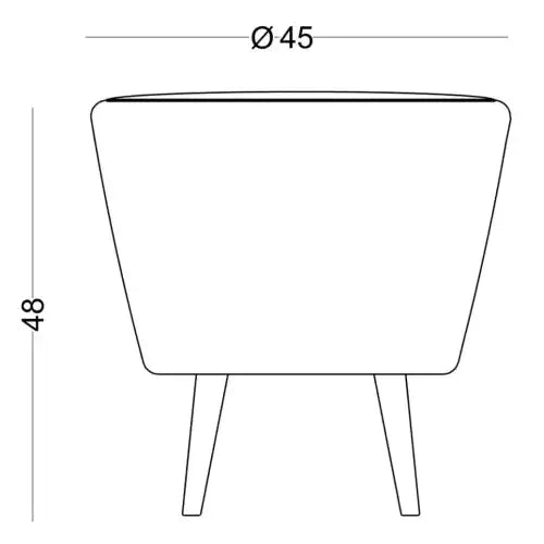 Dibujo lineal del Puff Redondo Tapizado con patas Jakoff, que presenta una abertura redonda con un diámetro de 45 cm y una altura de 48 cm. Esta pieza, de inspiración nórdica, tiene una forma ligeramente acampanada y se apoya en cuatro patas de madera maciza.