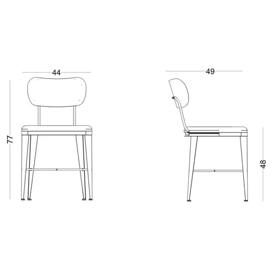 Descripción: Un dibujo de una silla de bar Aiko con asiento y respaldo metálico.