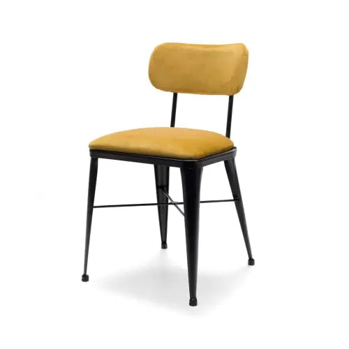 Descripción: Una silla Aiko con patas negras y un asiento tapizado de diseño amarillo.