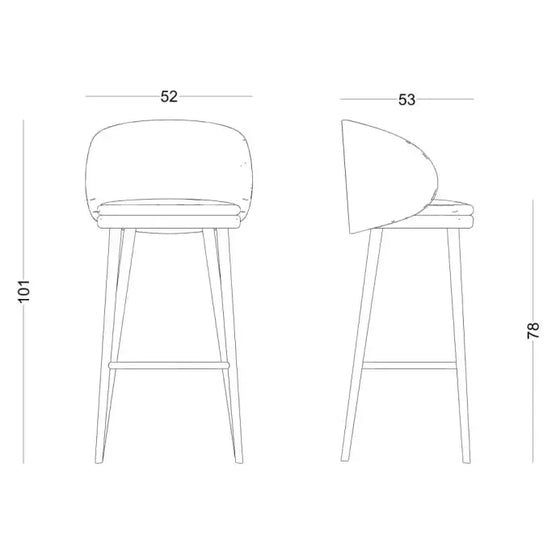 Dibujo técnico del Taburete Alto en Madera y Tapizado Koko con respaldo, mostrando vistas frontal y lateral. Las dimensiones están etiquetadas: 52 cm de ancho, 53 cm de profundidad, 78 cm de altura del asiento y 101 cm de altura total. El taburete de bar está elaborado en madera de haya maciza.