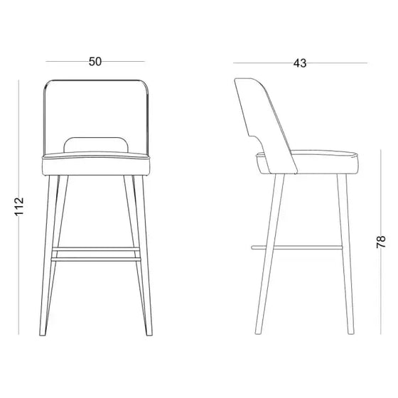 Dibujo lineal del Taburete Alto en Madera y Tapizado Paulina visto de frente y de lado, con las dimensiones marcadas: alto 112 cm, alto del asiento 78 cm, ancho 50 cm y fondo 43 cm. Las características incluyen un respaldo tapizado para mayor comodidad.