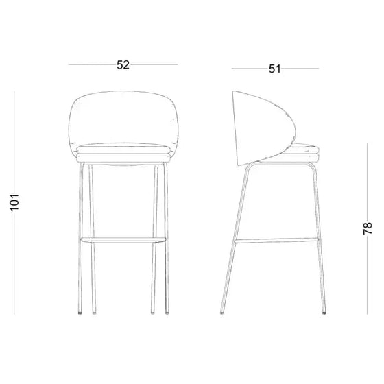 Dibujo lineal del Taburete Alto en Metal y Tapizado Koko que muestra vistas frontales y laterales con dimensiones de alto de 101 cm y 78 cm, y dimensiones de ancho de 52 cm y 51 cm respectivamente. El diseño incluye opciones de tapizado personalizables.