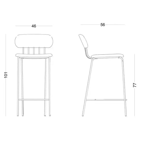 Dibujo técnico de un taburete de bar con medidas. El taburete mide 101 cm de alto, con una altura de asiento de 77 cm, un ancho de asiento de 46 cm y una profundidad total de 56 cm. Mostrado desde vistas frontales y laterales, este Taburete Alto en Metal y Tapizado Miki presenta un diseño ergonómico con respaldo y asiento tapizados.