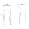 Dibujo técnico del Taburete Alto en Metal y Tapizado Paulina Industrial con la vista frontal que muestra una altura de 115 cm y un ancho de 46 cm, y una vista lateral que muestra una profundidad de 58 cm y una altura del asiento de 81 cm, mostrando su Diseño Industrial.