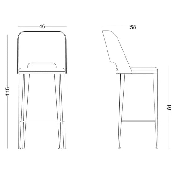 Dibujo técnico del Taburete Alto en Metal y Tapizado Paulina Industrial con la vista frontal que muestra una altura de 115 cm y un ancho de 46 cm, y una vista lateral que muestra una profundidad de 58 cm y una altura del asiento de 81 cm, mostrando su Diseño Industrial.