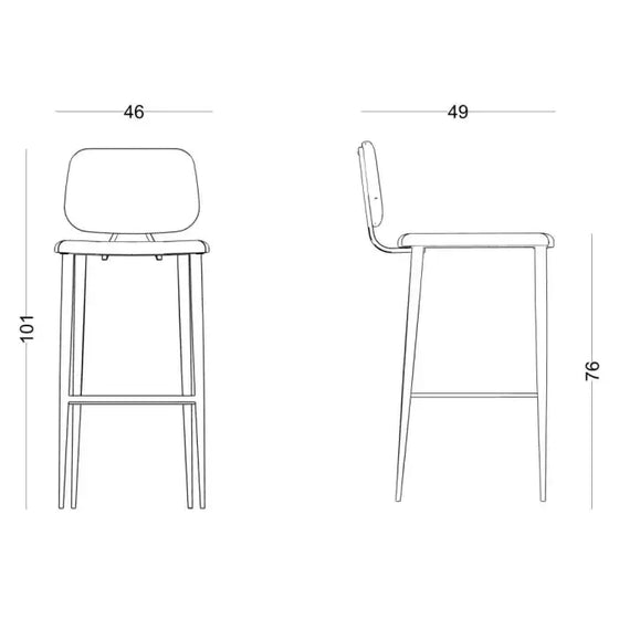 A continuación se muestra un dibujo técnico del taburete de bar Taburete Alto en Metal y Tapizado Umai, con vistas frontal y lateral. El taburete mide 101 cm de alto y la altura del asiento es de 76 cm. El ancho del asiento mide 46 cm y la profundidad es 49 cm. Este taburete presenta un diseño cómodo perfecto para interiores modernos.