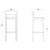 Esquema de dimensiones del taburete de bar Taburete Alto en Madera Bion. La vista frontal muestra una altura de 104 cm y una anchura de 46 cm. La vista lateral detalla una profundidad de 48 cm, altura del asiento de 77 cm y reposapiés de acero inoxidable.