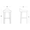 Dibujo técnico del taburete de bar Taburete Alto en Madera y Tapizado Luky con dimensiones: alto 93 cm, alto asiento 77 cm, ancho 52 cm y fondo 51 cm. El taburete, tapizado en Tapizado Luky y elaborado en Madera de Haya, tiene respaldo y cuatro patas.