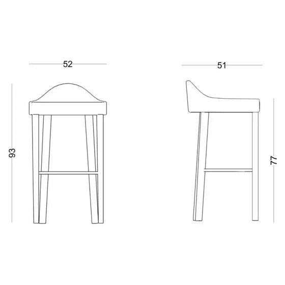 Dibujo técnico del taburete de bar Taburete Alto en Madera y Tapizado Luky con dimensiones: alto 93 cm, alto asiento 77 cm, ancho 52 cm y fondo 51 cm. El taburete, tapizado en Tapizado Luky y elaborado en Madera de Haya, tiene respaldo y cuatro patas.