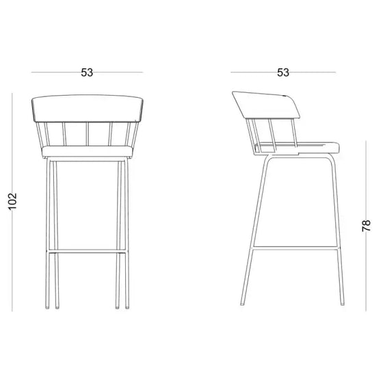 Dibujo lineal de un Taburete Alto en Metal y Tapizado Yasmina con un diseño moderno y elegante, mostrando vistas frontales y laterales. El taburete presenta un respaldo ligeramente curvado. Se proporcionan las dimensiones: alto 102 cm, ancho 53 cm y alto del asiento 78 cm.