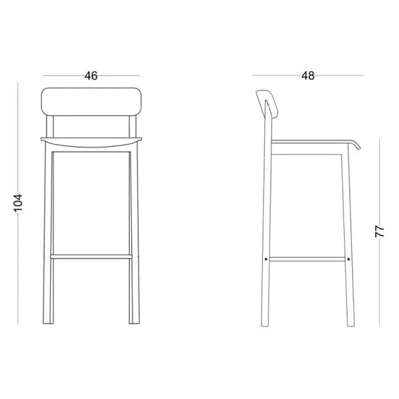 Descripción modificada: Dibujos técnicos de un ab Taburete Bion de madera, mostrando vistas frontal y lateral con las dimensiones indicadas.